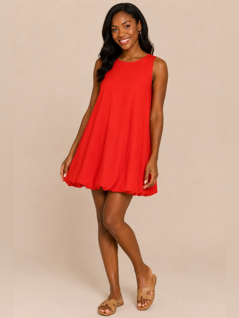 Red Bubble Hem Sleeveless Mini Dress Flowy Swing Lightweight Resort Vacation M
